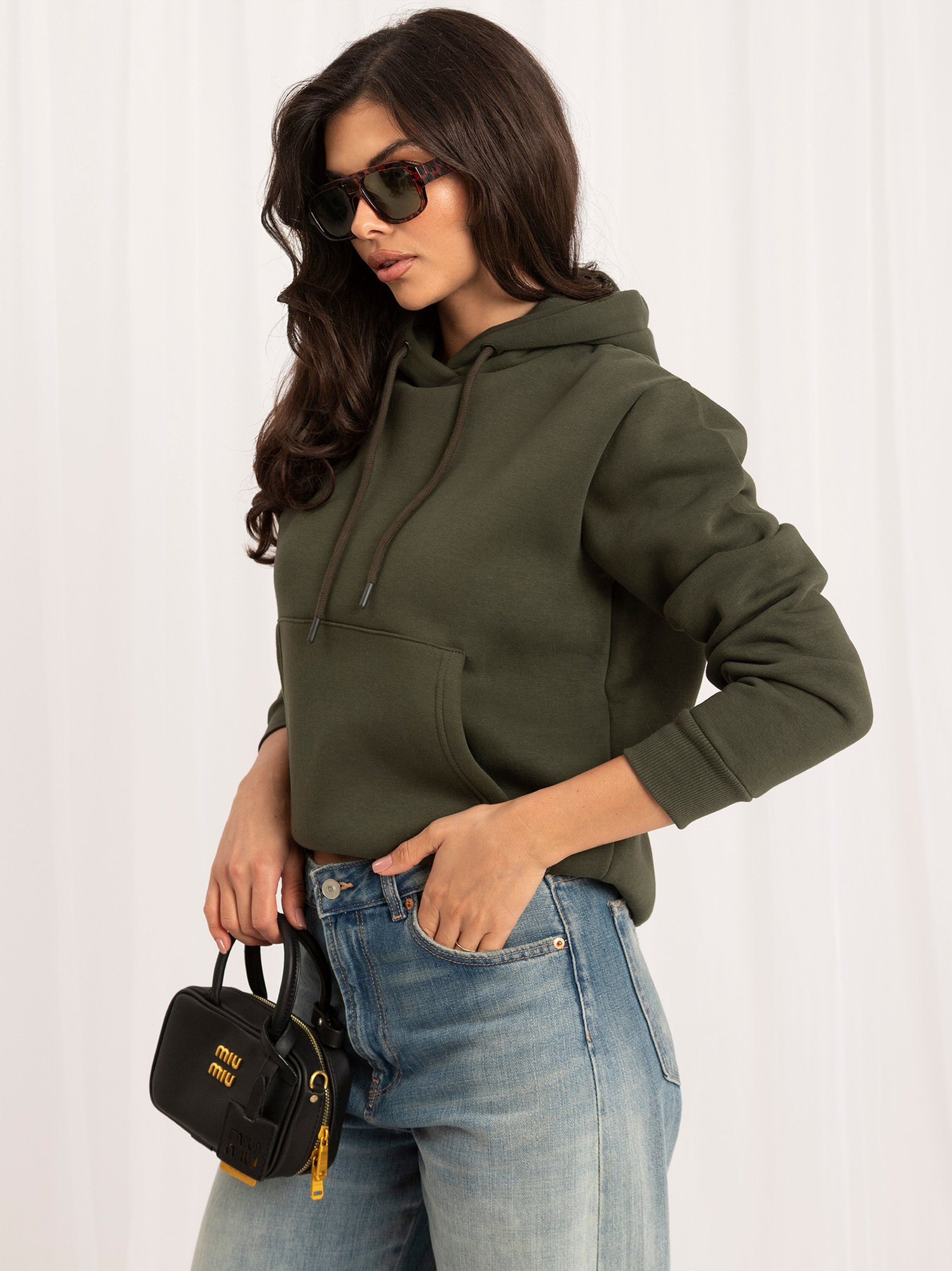 Khaki dresowa damska bluza basic z kapturem RUE PARIS