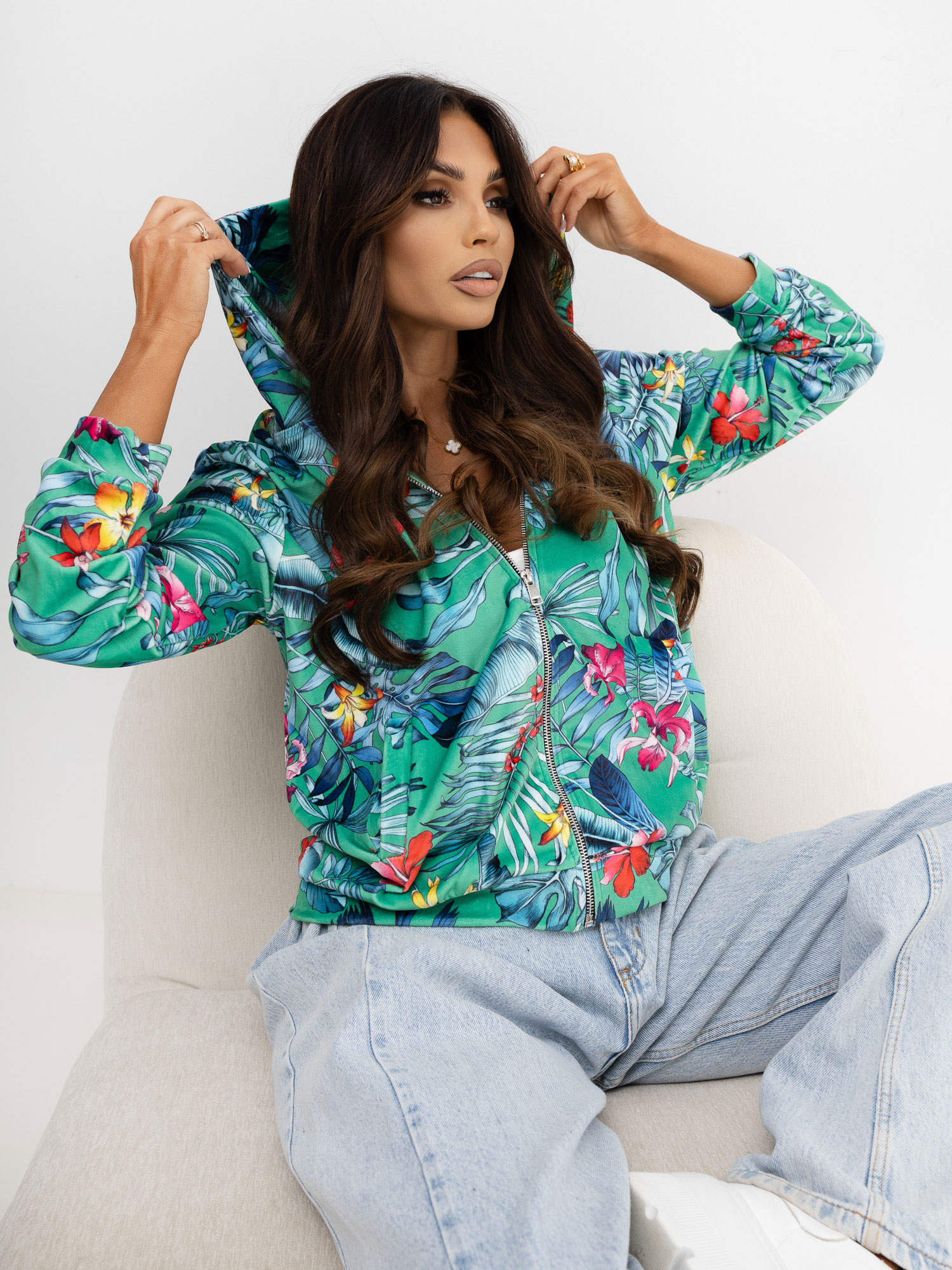 Zielono-niebieska welurowa bluza z printem RUE PARIS