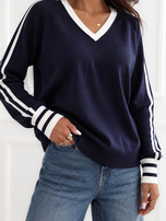 Granatowy damski sweter oversize z lampasami