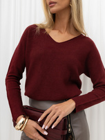 Bordowy damski sweter basic z dekoltem V