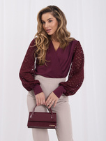 Bordowe eleganckie body z koronkowymi rękawami