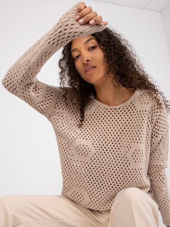 Beżowy damski sweter z ażurowym wzorem RUE PARIS  