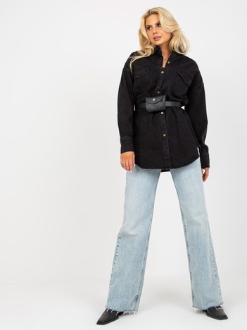 Czarna damska koszula jeansowa z paskiem i saszetką 