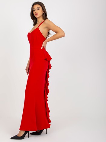 Czerwona maxi sukienka wieczorowa z falbaną z tyłu 