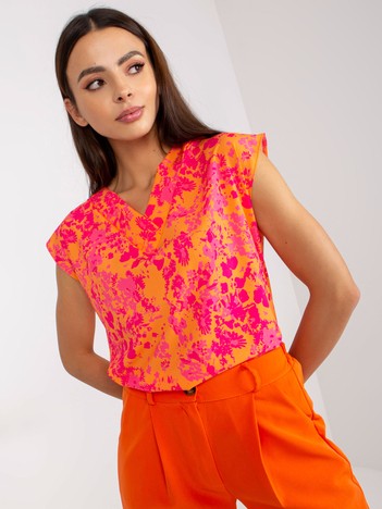 Pomarańczowo-różowa bluzka z nadrukiem bez rękawów RUE PARIS 