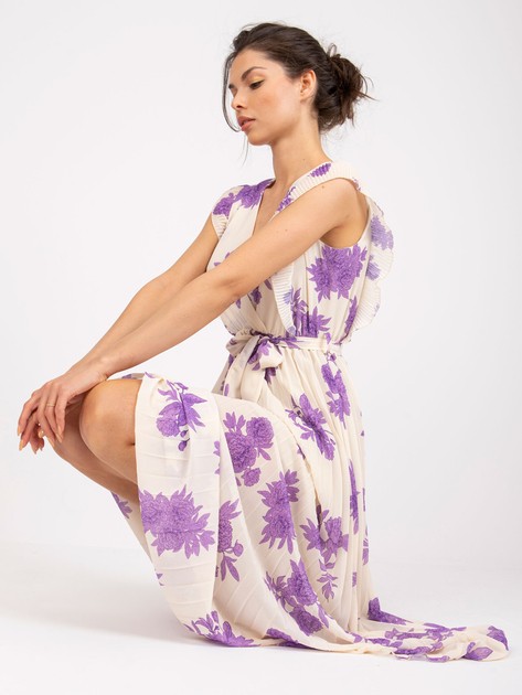 Beżowo-fioletowa plisowana sukienka z kwiatowym wzorem 