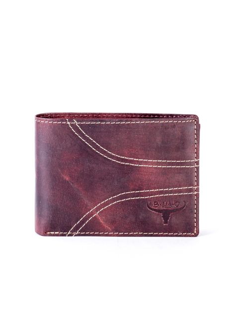 Brązowy skórzany portfel z symetrycznymi przeszyciami