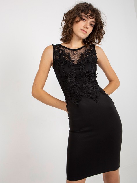 Czarna ołówkowa sukienka koktajlowa bez rękawów z koronką  