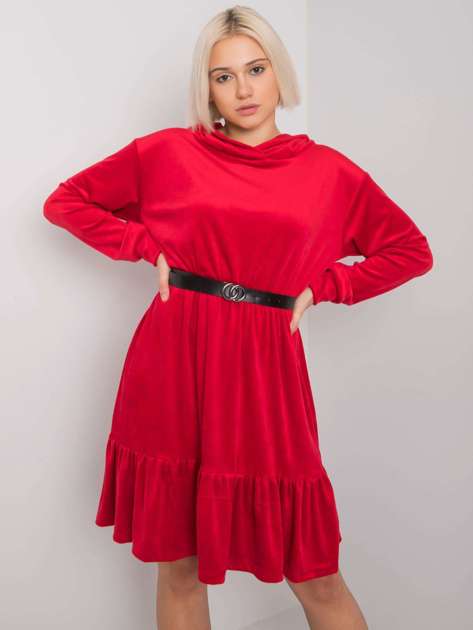 Czerwona sukienka welurowa z paskiem Casablanca