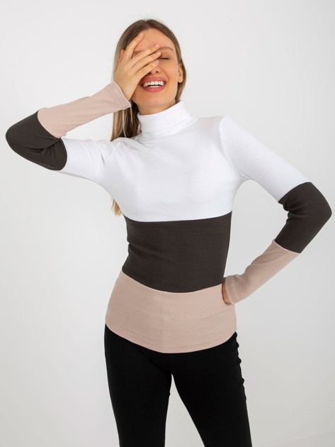 Ecru-beżowa bawełniana bluzka damska basic z golfem w prążek