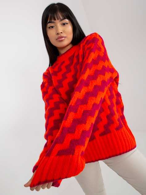 Pomarańczowo-fuksjowy luźny sweter klasyczny we wzory