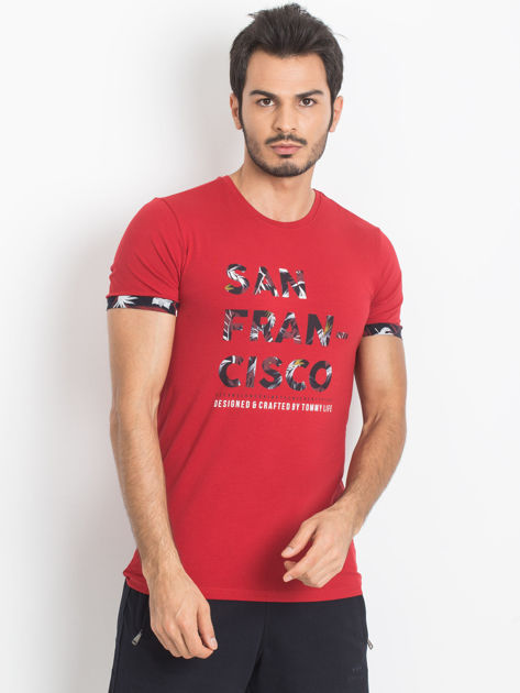 TOMMY LIFE Czerwony męski t-shirt z napisem